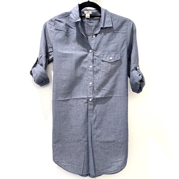 J Crew XS Blue Chambray Shirt Cotton Popover Linen Tunic Top Oxford Button Down - Picture 1 of 16
